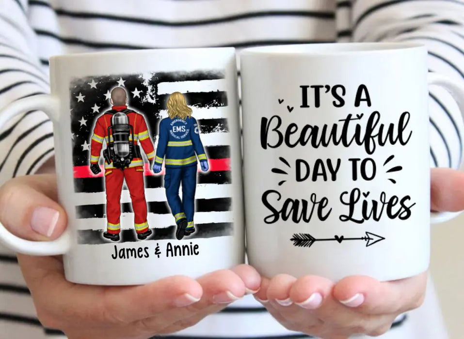 Couple Friends Save Lives - Personalized Mug Firefighter, EMS, Police Officer, Military, Nurse