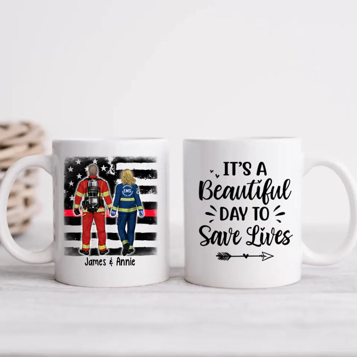 Couple Friends Save Lives - Personalized Mug Firefighter, EMS, Police Officer, Military, Nurse