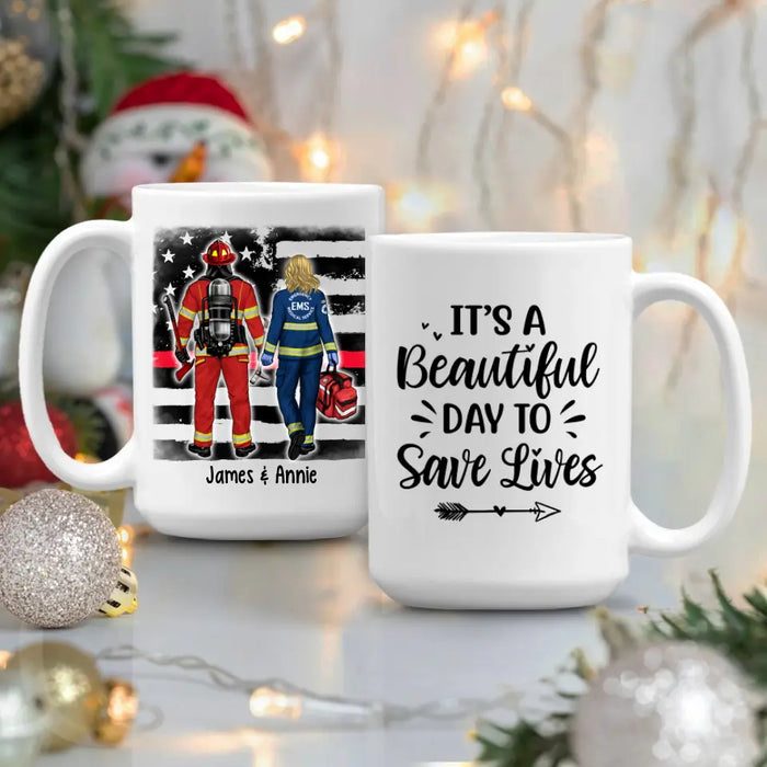 Couple Friends Save Lives - Personalized Mug Firefighter, EMS, Police Officer, Military, Nurse