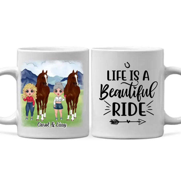 Personalized Mug, Up To 3 Girls, Life Is A Beautiful Ride, Chibi Sisters Drinking, Gift For Sisters, Friends, Horse Riding Lovers