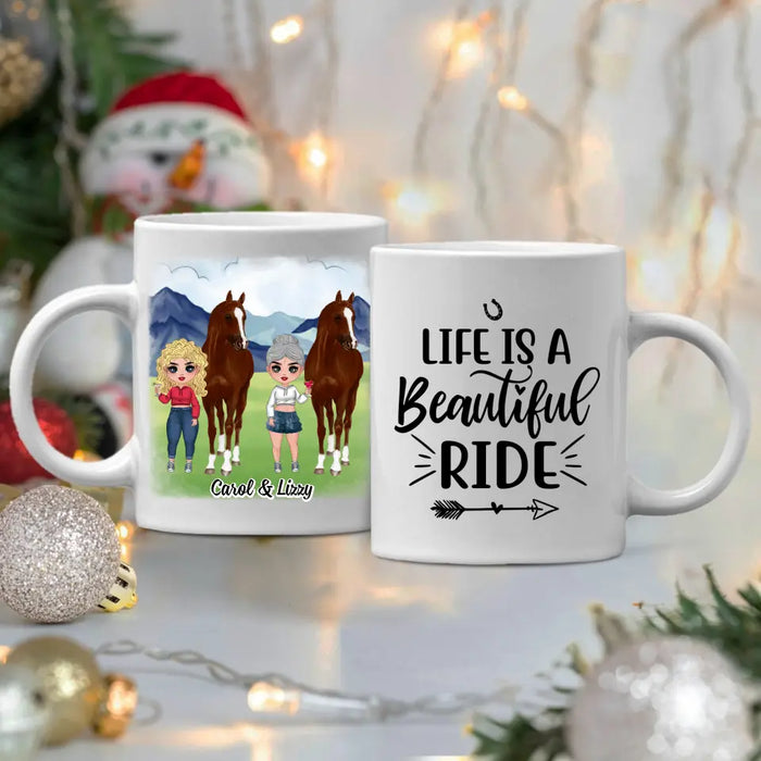 Personalized Mug, Up To 3 Girls, Life Is A Beautiful Ride, Chibi Sisters Drinking, Gift For Sisters, Friends, Horse Riding Lovers