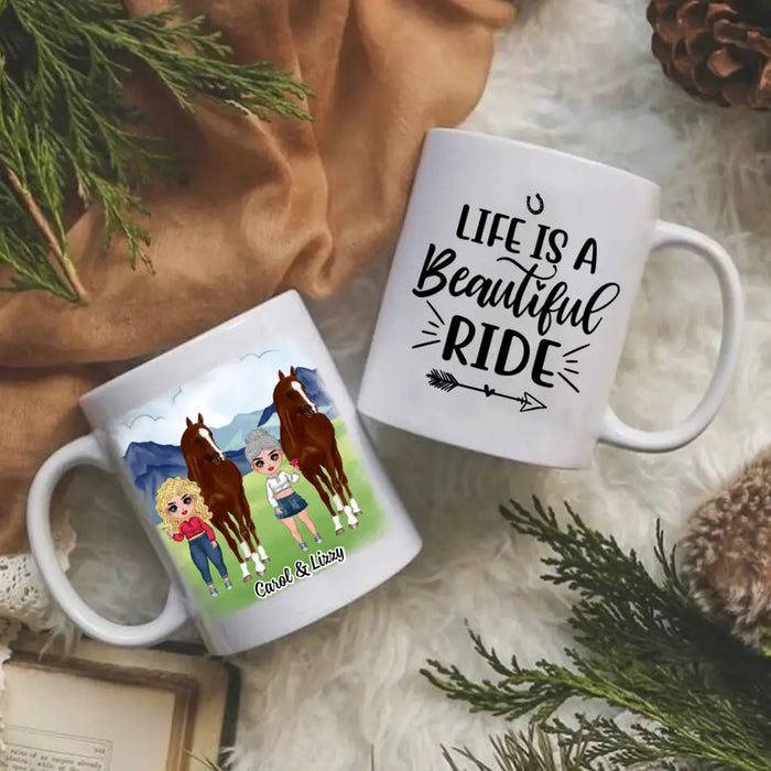 Personalized Mug, Up To 3 Girls, Life Is A Beautiful Ride, Chibi Sisters Drinking, Gift For Sisters, Friends, Horse Riding Lovers