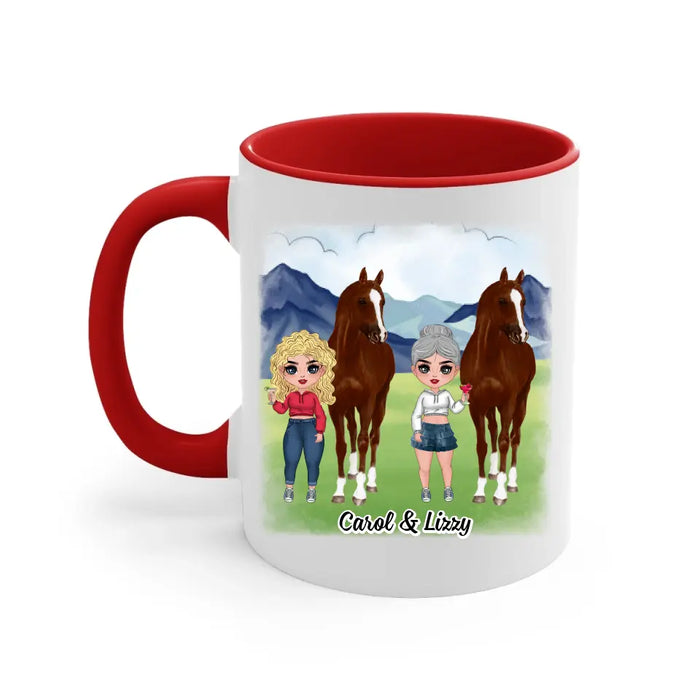 Personalized Mug, Up To 3 Girls, Life Is A Beautiful Ride, Chibi Sisters Drinking, Gift For Sisters, Friends, Horse Riding Lovers