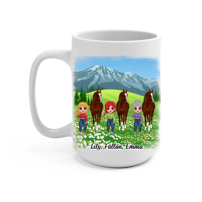 Personalized Mug, Up To 3 Girls, Life Is A Beautiful Ride, Chibi Sisters Drinking, Gift For Sisters, Friends, Horse Riding Lovers