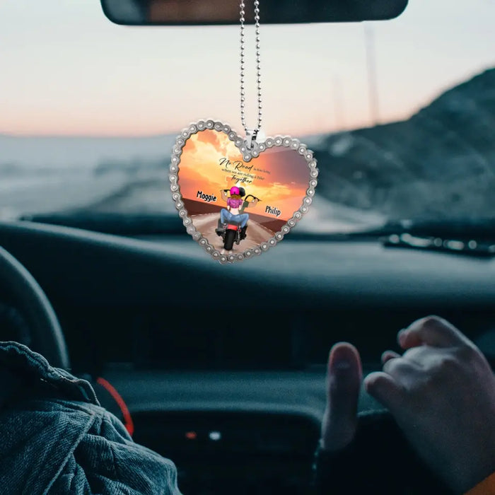 No Road Is Too Long When We Are Riding a Bike Together - Personalized Gifts Custom Car Ornament for Couples, Motorcycle Lovers