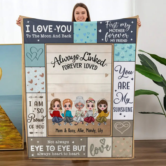 Always Linked  Forever Loved - Personalized Gifts Custom Mother & Daughter Chibi Blanket For Mom, Mother's Day Gift