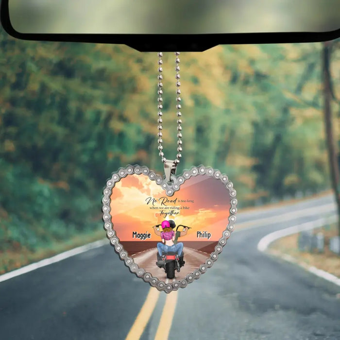 No Road Is Too Long When We Are Riding a Bike Together - Personalized Gifts Custom Car Ornament for Couples, Motorcycle Lovers