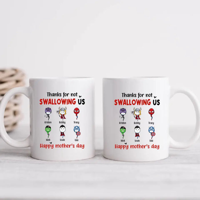 Thanks for Not Swallowing Us - Personalized Gifts Custom Superheroes Mug for Mom, Funny Mother's Day Gift