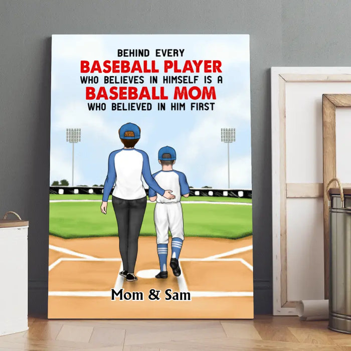 Behind Every Baseball Player Baseball Mom - Personalized Canvas, Baseball Softball Mom Gift, Baseball Lovers, Softball Lovers