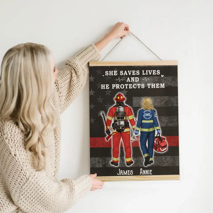 Saving Lives Together - Personalized Magnetic Canvas Frame For Firefighter, EMS, Police Officer, Military, Nurse Couples