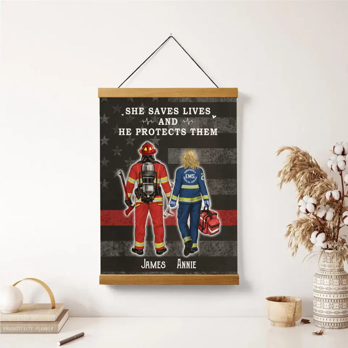 Saving Lives Together - Personalized Magnetic Canvas Frame For Firefighter, EMS, Police Officer, Military, Nurse Couples