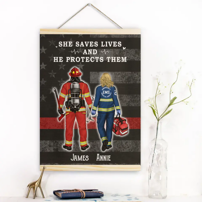 Saving Lives Together - Personalized Magnetic Canvas Frame For Firefighter, EMS, Police Officer, Military, Nurse Couples