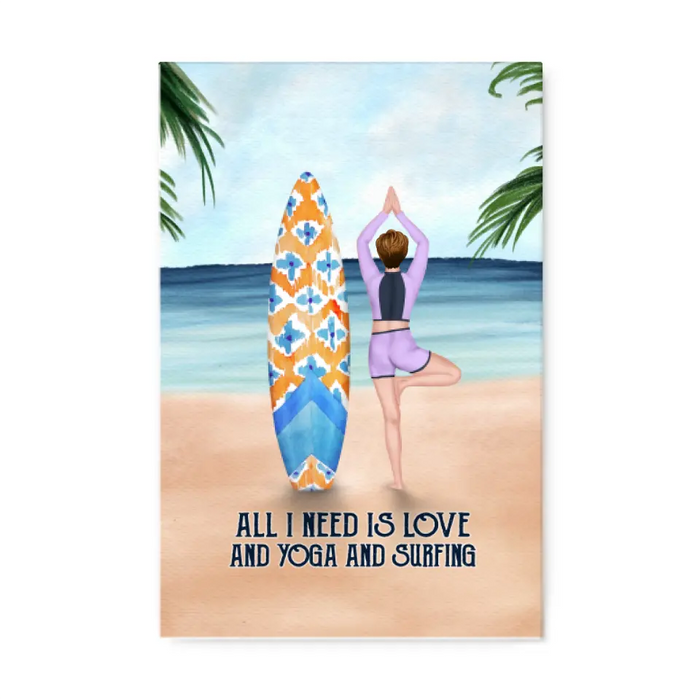 Personalized Canvas, Surfing Woman Doing Yoga, Gift for Surfing and Yoga Lovers