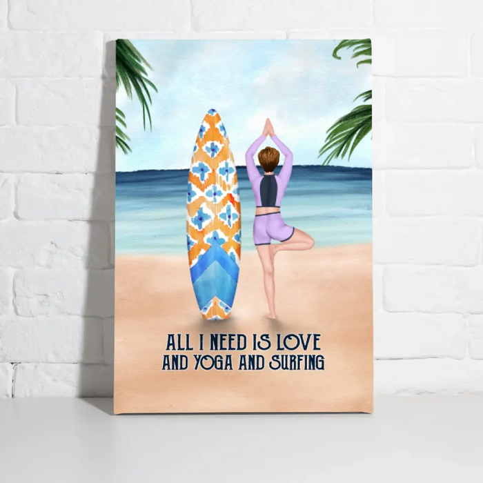 Personalized Canvas, Surfing Woman Doing Yoga, Gift for Surfing and Yoga Lovers