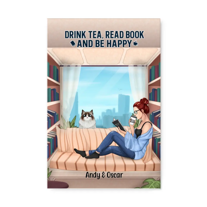 Personalized Canvas, Woman Reading Book With Pet Custom Gift For Cat Dog Lovers