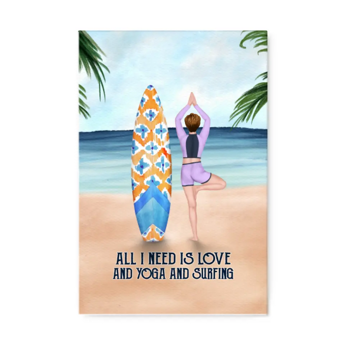 Personalized Canvas, Surfing Woman Doing Yoga, Gift for Surfing and Yoga Lovers