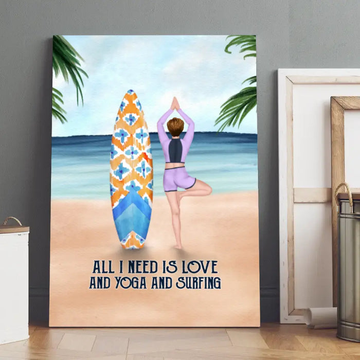 Personalized Canvas, Surfing Woman Doing Yoga, Gift for Surfing and Yoga Lovers