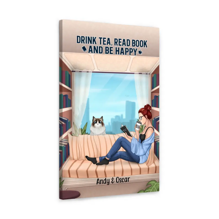 Personalized Canvas, Woman Reading Book With Pet Custom Gift For Cat Dog Lovers