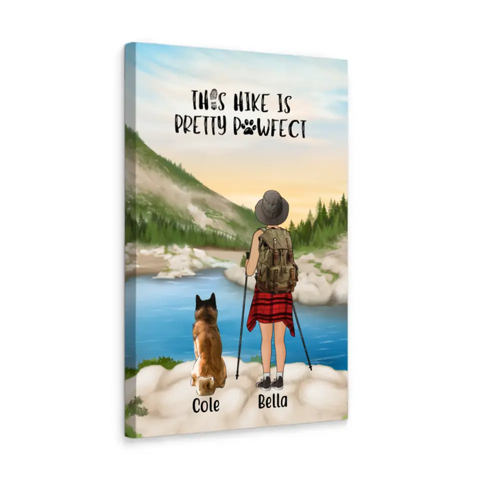 Personalized Canvas, Woman Hiking with Dogs, Gift for Hiking and Dog Lovers