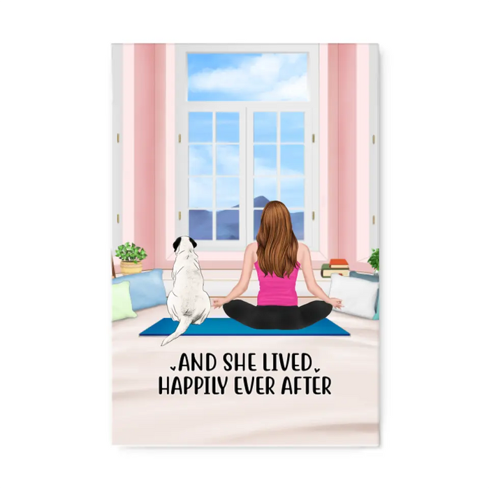 Personalized Canvas, Yoga Girl With Pets In House, Custom Gift For Yoga, Dog And Cat Lovers