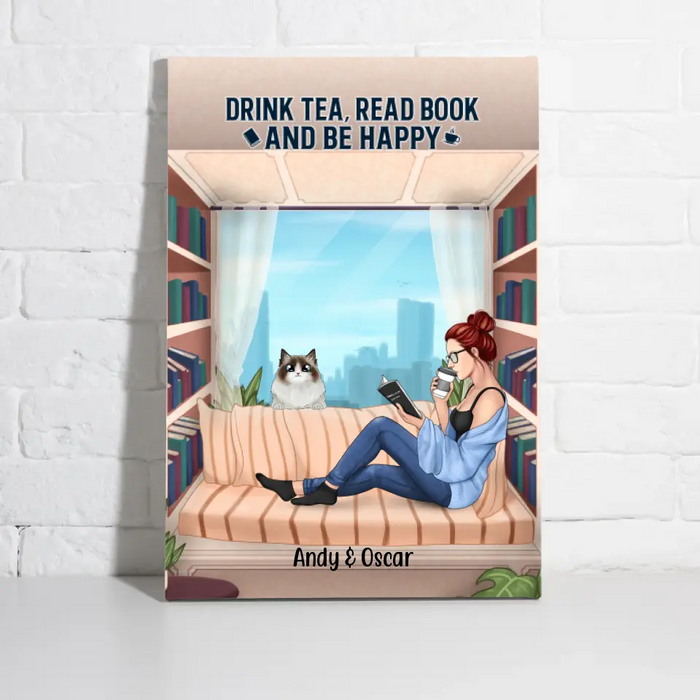 Personalized Canvas, Woman Reading Book With Pet Custom Gift For Cat Dog Lovers