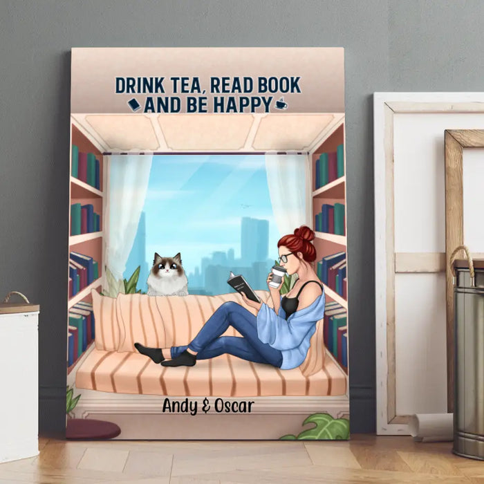 Personalized Canvas, Woman Reading Book With Pet Custom Gift For Cat Dog Lovers