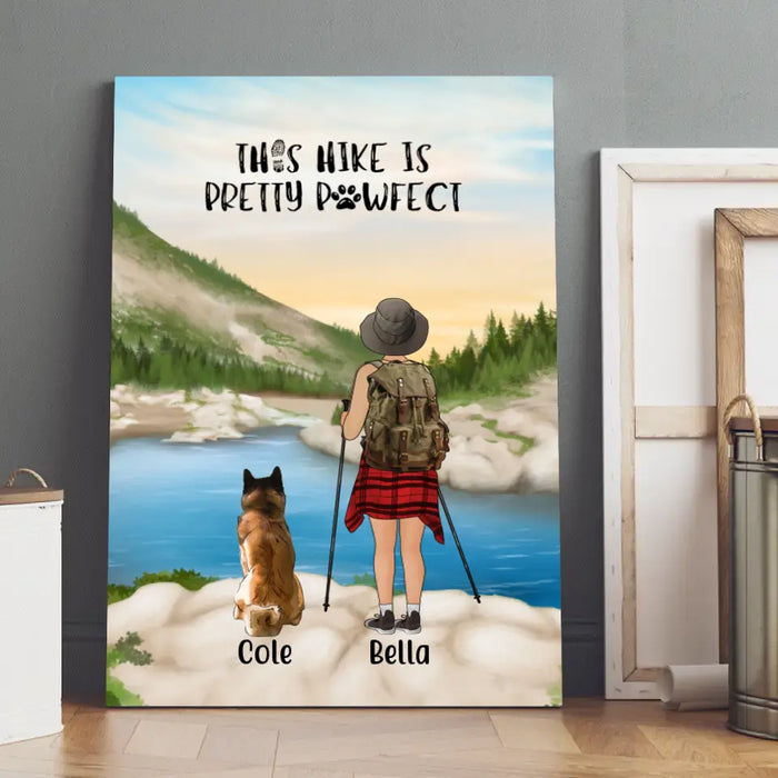 Personalized Canvas, Woman Hiking with Dogs, Gift for Hiking and Dog Lovers