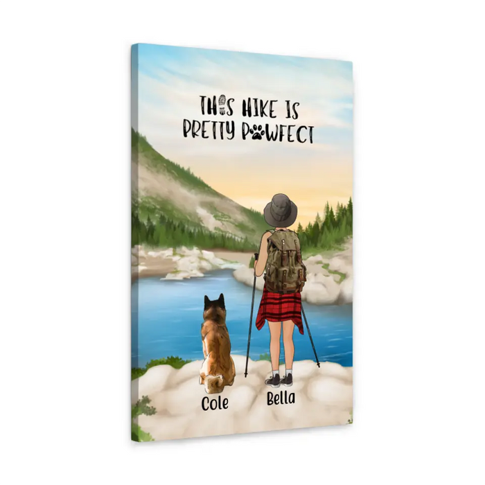 Personalized Canvas, Woman Hiking with Dogs, Gift for Hiking and Dog Lovers