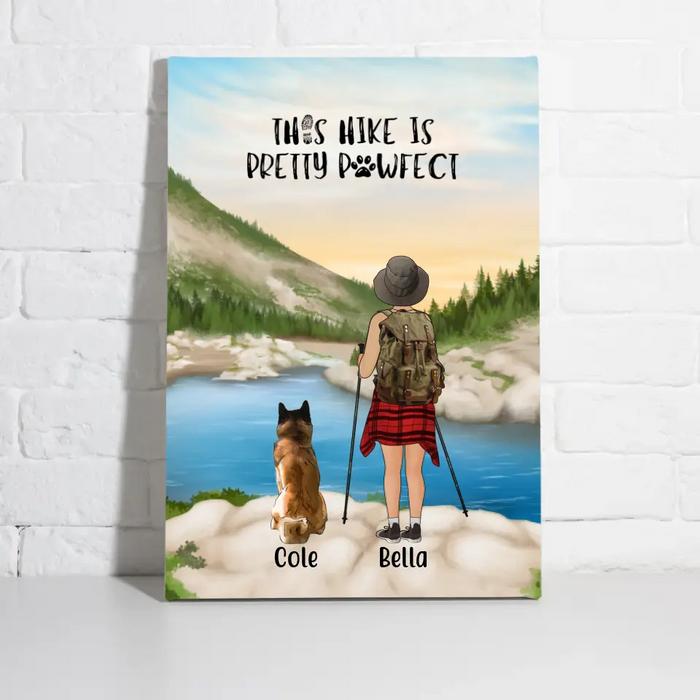 Personalized Canvas, Woman Hiking with Dogs, Gift for Hiking and Dog Lovers