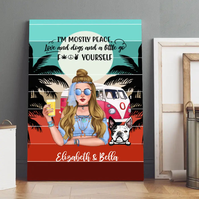 Personalized Canvas, Hippie Girl with Dogs Custom Gift For Dog and Hippie Lovers