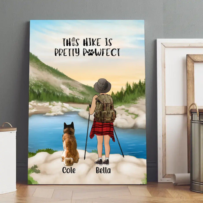 Personalized Canvas, Woman Hiking with Dogs, Gift for Hiking and Dog Lovers