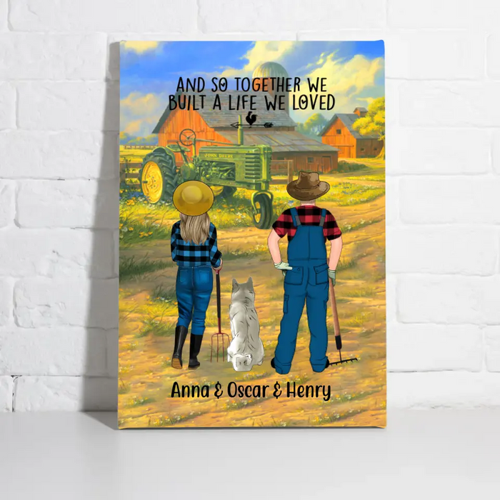 Personalized Canvas, Farming Couple And Pets Custom Gift For Dog Cat Lovers