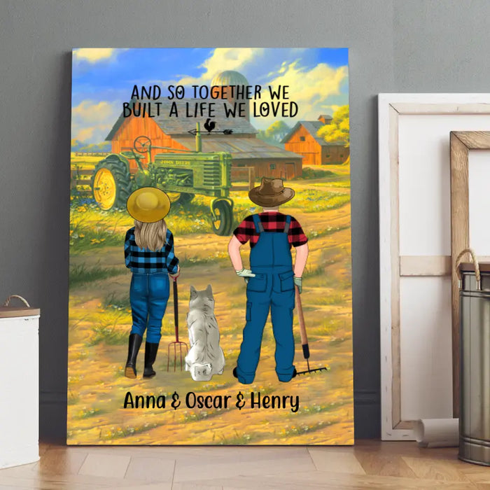 Personalized Canvas, Farming Couple And Pets Custom Gift For Dog Cat Lovers