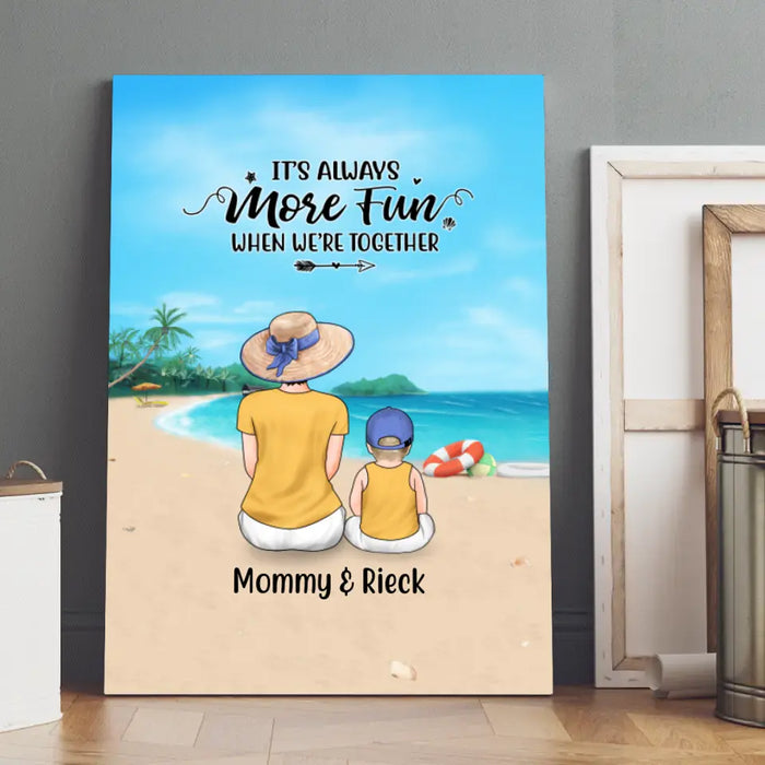 Personalized Canvas, Mother And Kids On The Beach, Custom Gift For Summer And Family Lovers