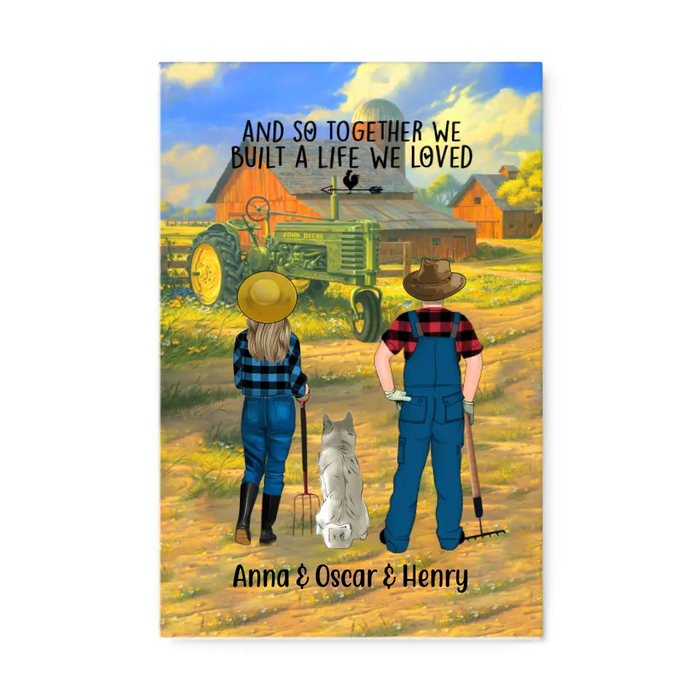 Personalized Canvas, Farming Couple And Pets Custom Gift For Dog Cat Lovers