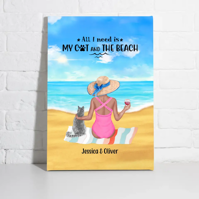 Personalized Canvas, Woman Drinking On Beach With Cats, Gift for Beach, Cat Lovers