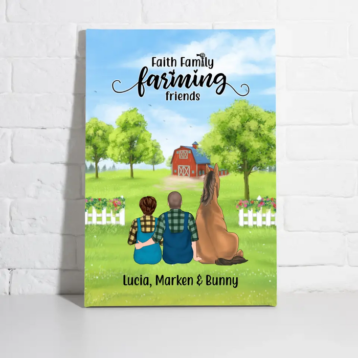 Personalized Canvas, Farming Couple With Horse, Cat And Dog - Up To 3 Pets, Gift for Farming And Pet Lovers