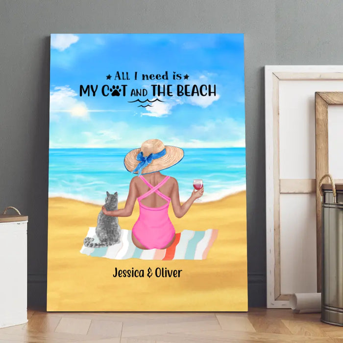 Personalized Canvas, Woman Drinking On Beach With Cats, Gift for Beach, Cat Lovers