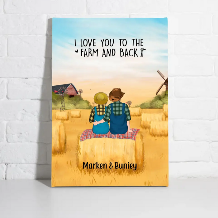 Personalized Canvas, Farmer Couple Sitting On Wheat Straw Bale, Gift For Farming Partners