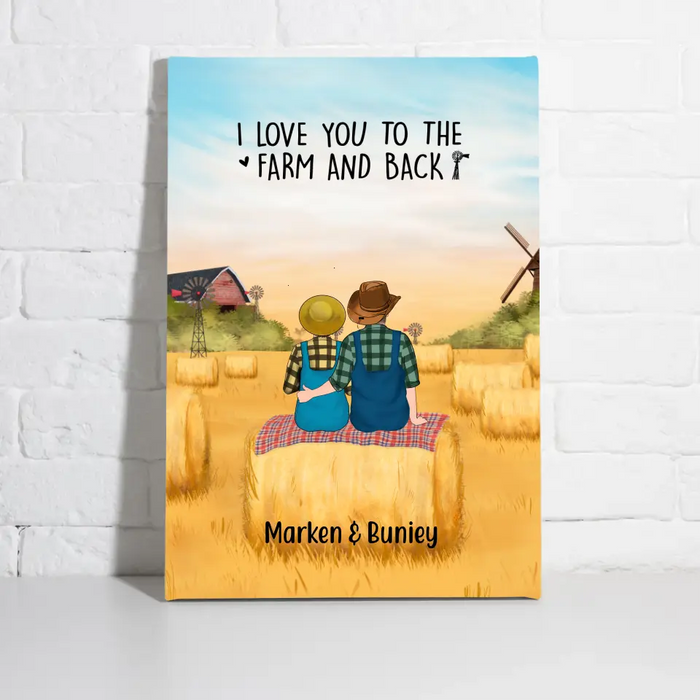 Personalized Canvas, Farmer Couple Sitting On Wheat Straw Bale, Gift For Farming Partners