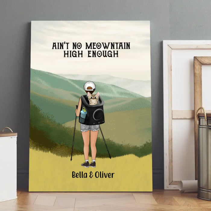 Personalized Canvas, Woman Hiking With Cat, Gift for Cat Lover, Hiking Lover