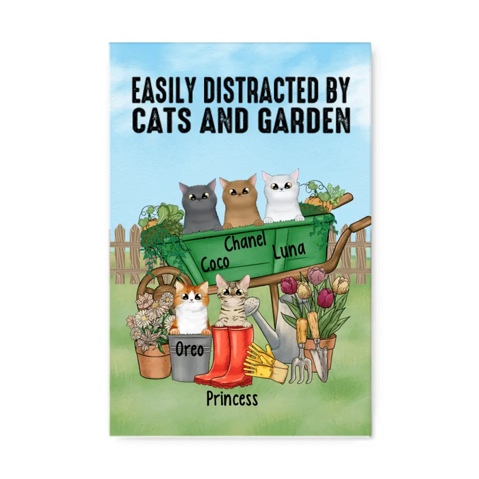 Personalized Canvas, Up to 5 Cats, Easily Distracted By Cats And Garden, Gift For Cat Lovers