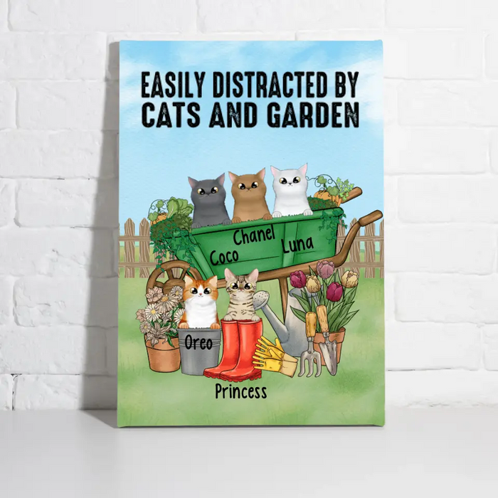 Personalized Canvas, Up to 5 Cats, Easily Distracted By Cats And Garden, Gift For Cat Lovers