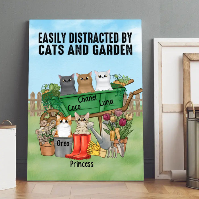 Personalized Canvas, Up to 5 Cats, Easily Distracted By Cats And Garden, Gift For Cat Lovers