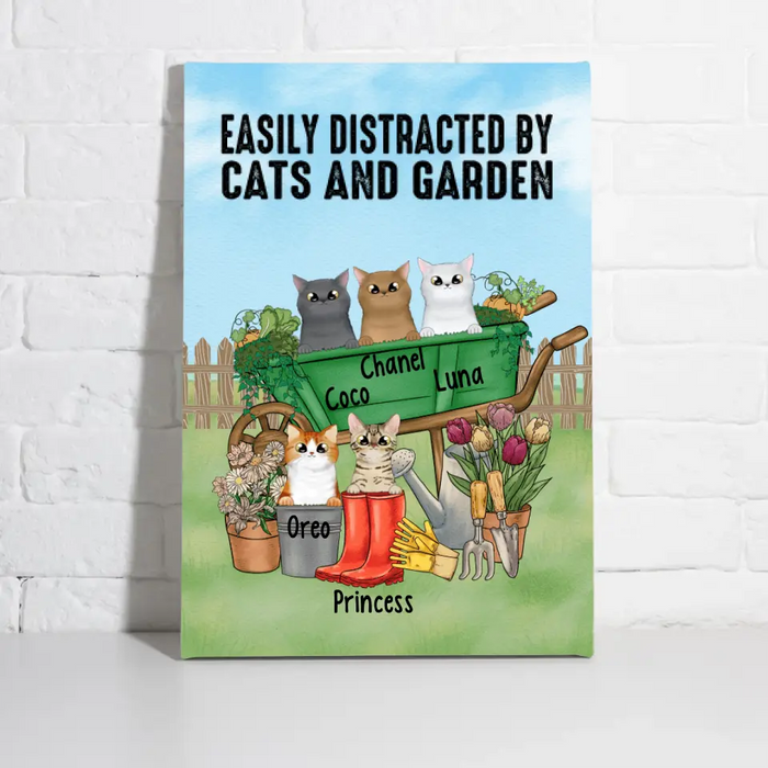 Personalized Canvas, Up to 5 Cats, Easily Distracted By Cats And Garden, Gift For Cat Lovers