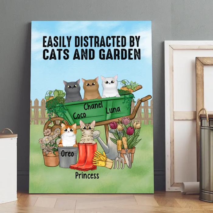 Personalized Canvas, Up to 5 Cats, Easily Distracted By Cats And Garden, Gift For Cat Lovers