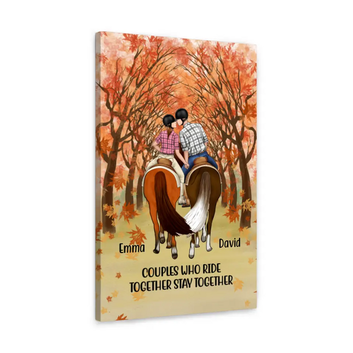 Personalized Canvas, Horseback Riding Couple Holding Hand - Couples Who Ride Together Stay Together, Gift For Horse Lovers