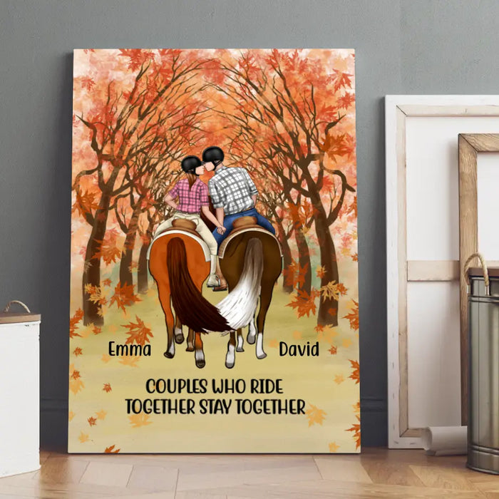 Personalized Canvas, Horseback Riding Couple Holding Hand - Couples Who Ride Together Stay Together, Gift For Horse Lovers