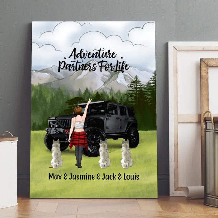 Personalized Canvas, Adventure Girl With Cats And Dogs, Custom Gift For Dogs and Car Lovers