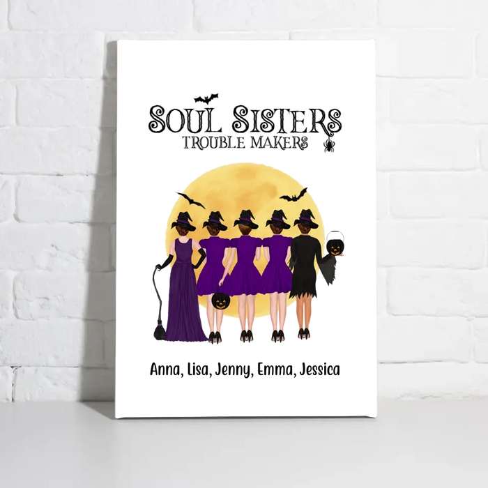 Personalized Canvas, Up To 5 Girls, Soul Sisters Trouble Makers - Halloween Gift, Gift For Sister, Best Friends